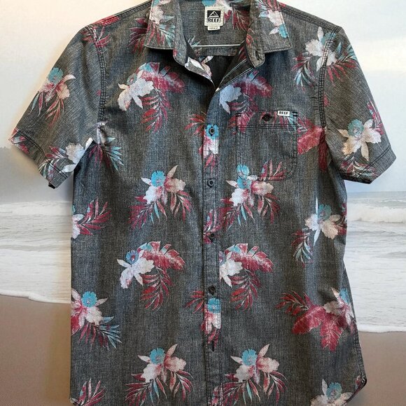 Reef Brand, Reverse Palm Print Shirt | Medium | Aloha Surf Style Linen Blend - Picture 1 of 9